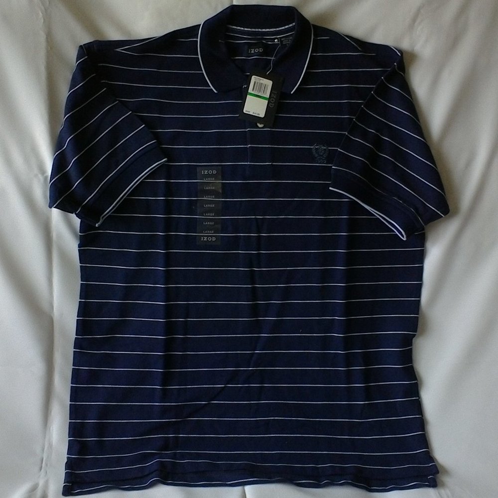 IZOD navy blue and light blue stripe short sleeved men's polo shirt
